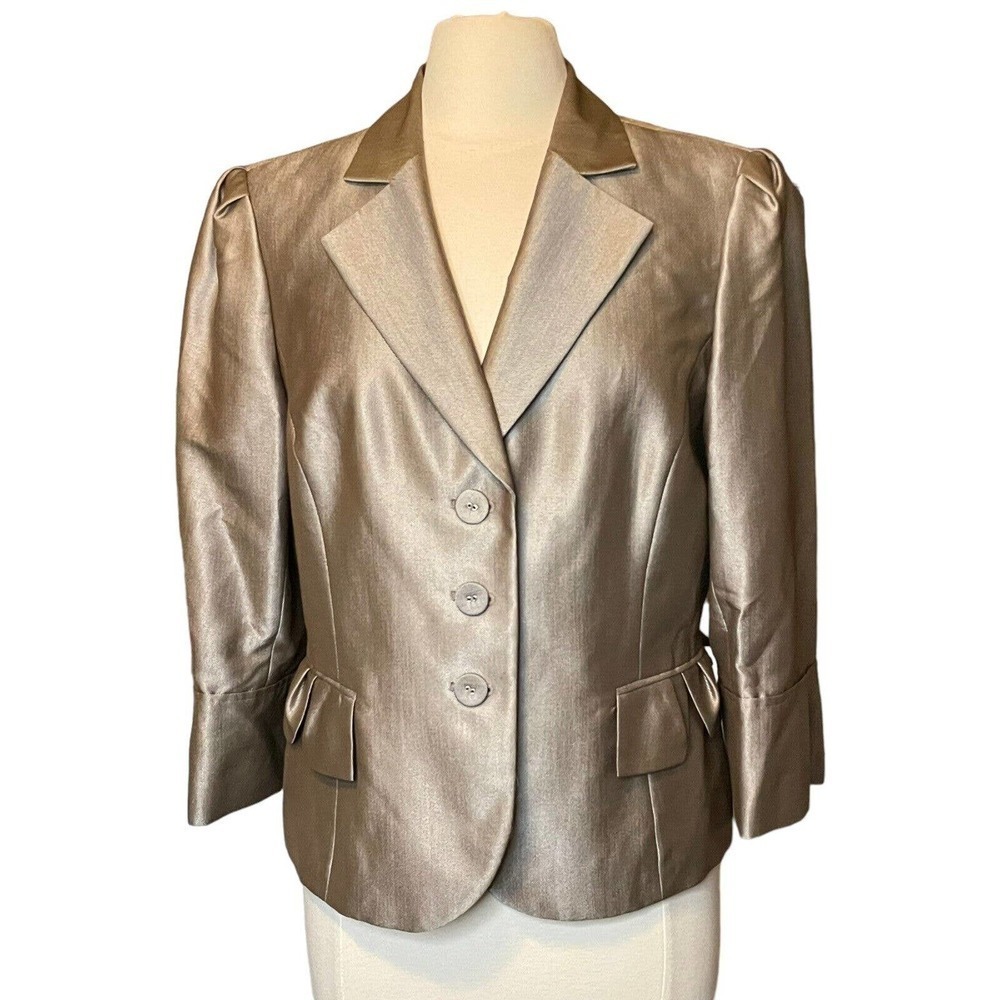 Nine West Shimmery Brown Blazer 3/4 Puff Sleeves Peplum Waist Size 14